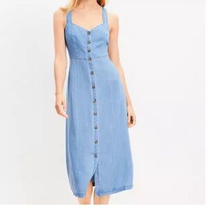 Loft- Petite Chambray Crossover Back Button Midi Dress